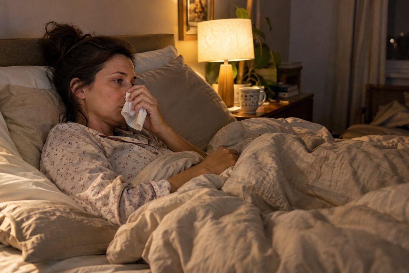 Femme au lit la nuit, gênée par un nez bouché et tenant un mouchoir.