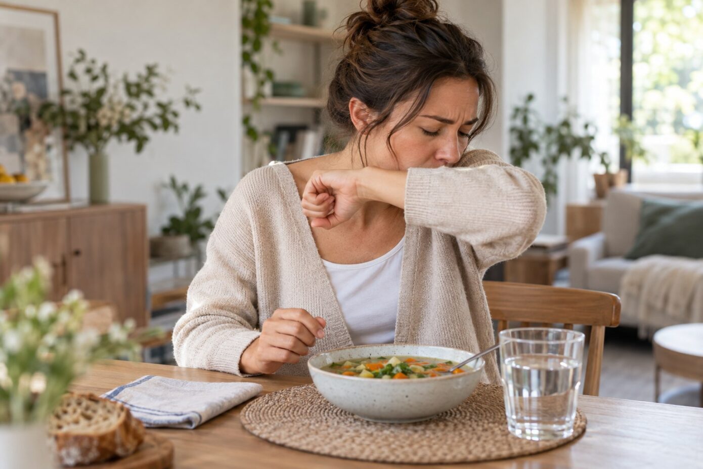 Femme toussant à table après un repas, avec une soupe et un verre d’eau.